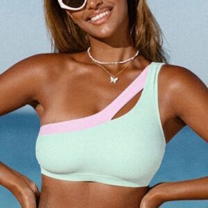 Cupshe Spring Macaron One Shoulder Cutout Bikini Top Medium Pastel Green Pink